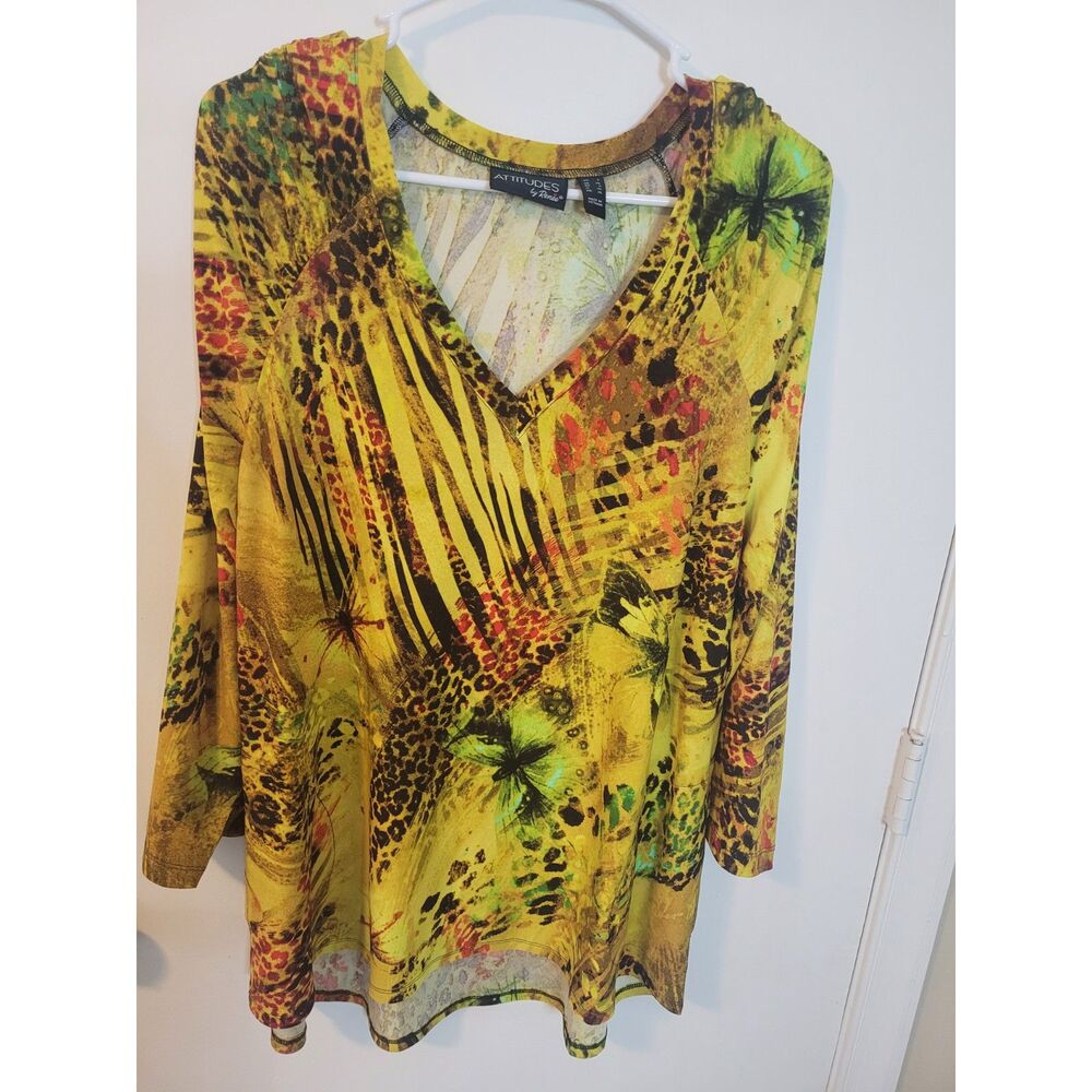 Attitudes by Renee Tunic Womens Blouse L Yellow Butterfly Pockets V Neck Stretch
